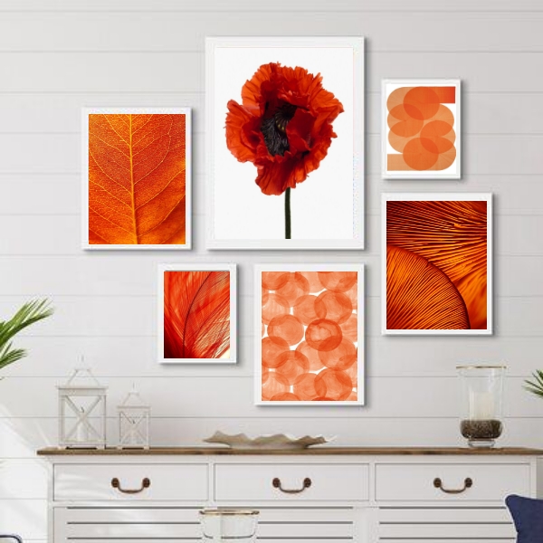 Kit 6 Quadros Laranjas- Abstrato Flores Folhas