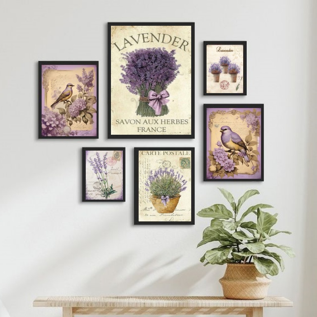 Kit 6 Quadros Lavanda E Pássaros