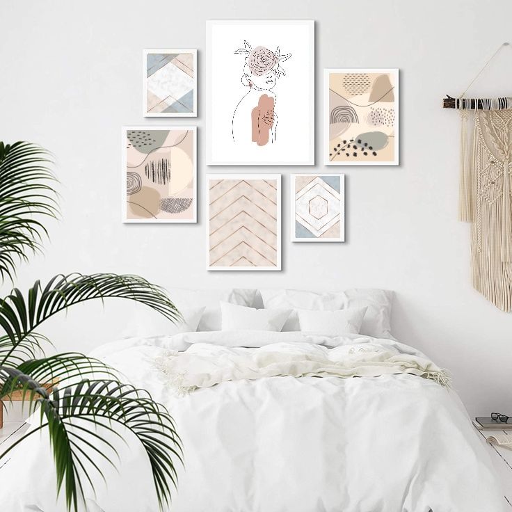 Kit 6 Quadros Minimalistas Quarto - Bege - com vidro