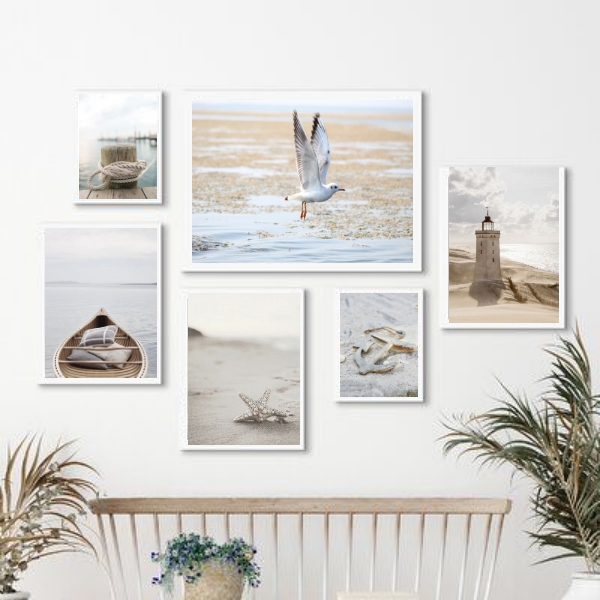 Kit 6 Quadros Neutros Praia- Branco E Bege - com vidro