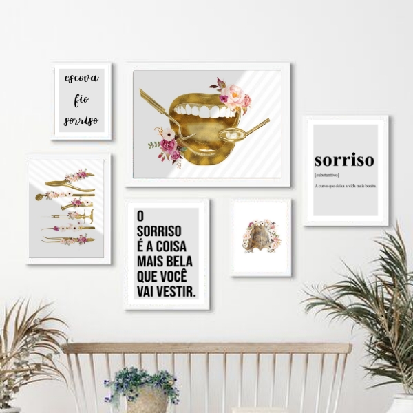 Kit 6 Quadros Odontologia Instrumentos Flores - com vidro