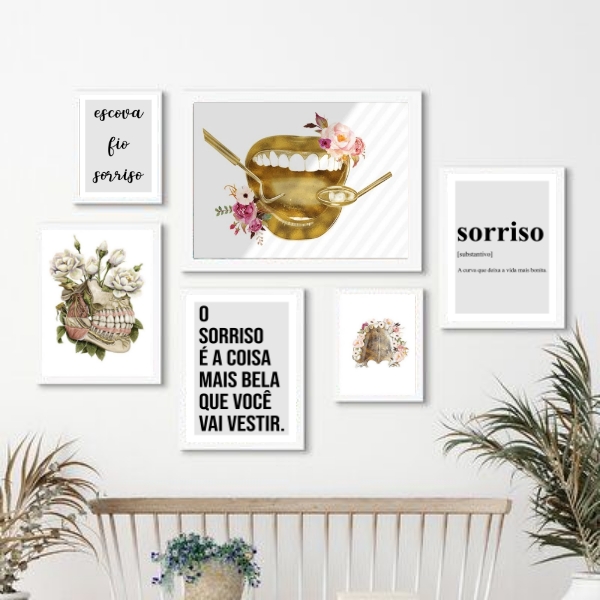 Kit 6 Quadros Odontologia Sorriso Flores - com vidro