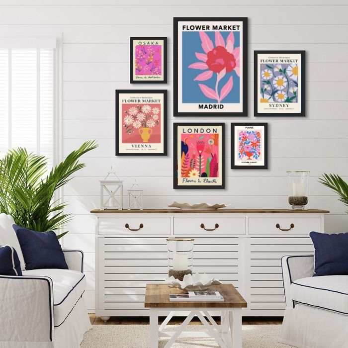 Kit 6 Quadros Para Sala Flower Market - com vidro