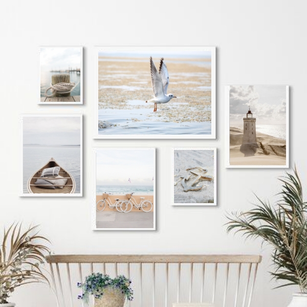 Kit 6 Quadros Praia- Fotos Branco E Bege - com vidro