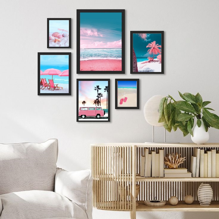 Kit 6 Quadros Praia Azul E Rosa - com vidro