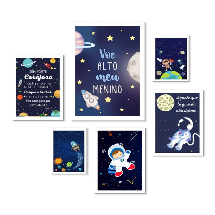 Kit 6 Quadros Quarto Infantil Menino Tema Espacial - Cristão - com vidro