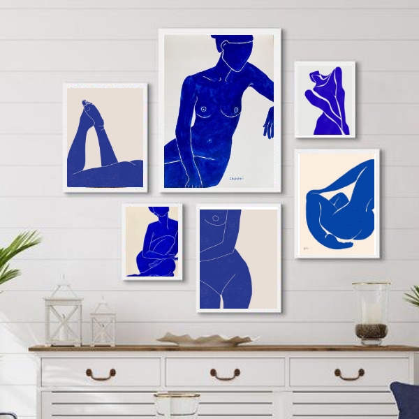 Kit 6 Quadros Quarto Nú Artísticos Azuis - com vidro