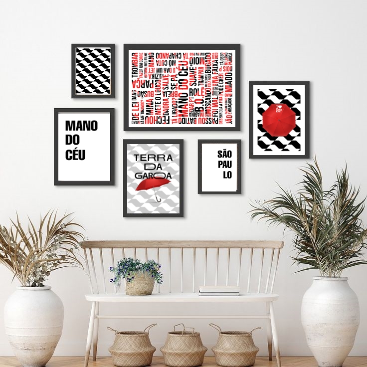Kit 6 Quadros São Paulo Preto Vermelho Branco - com vidro
