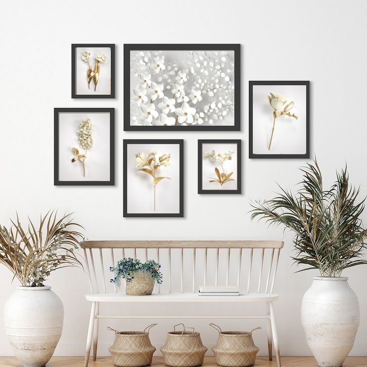 Kit 6 Quadros Suaves Flores Branco Com Dourado - com vidro