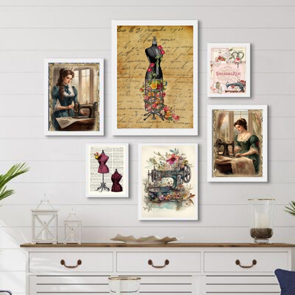 Kit 6 Quadros Vintage Para Atelier De Costura - com vidro