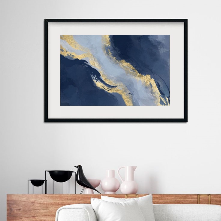 Quadro Abstrato Azul Marinho Com Dourado - 60x48cm