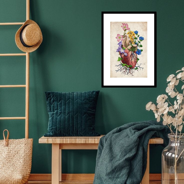 Quadro Coração Com Flores - 60x48cm