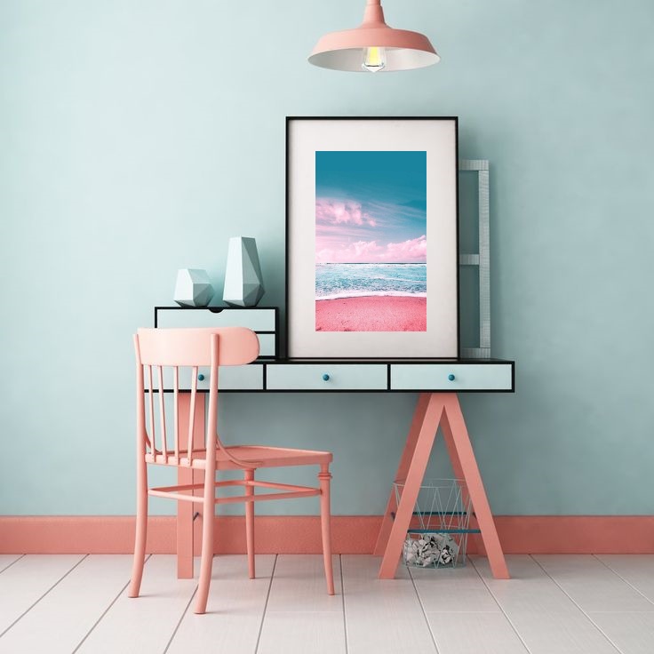 Quadro Fotografia Praia Mar Rosa e Azul - 60x48cm