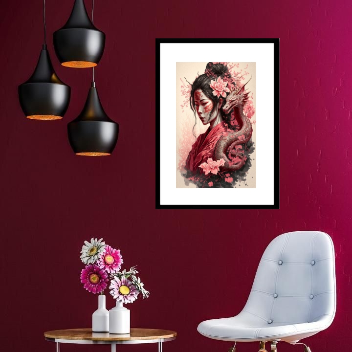 Quadro Gueixa com Dragão - 60x48cm