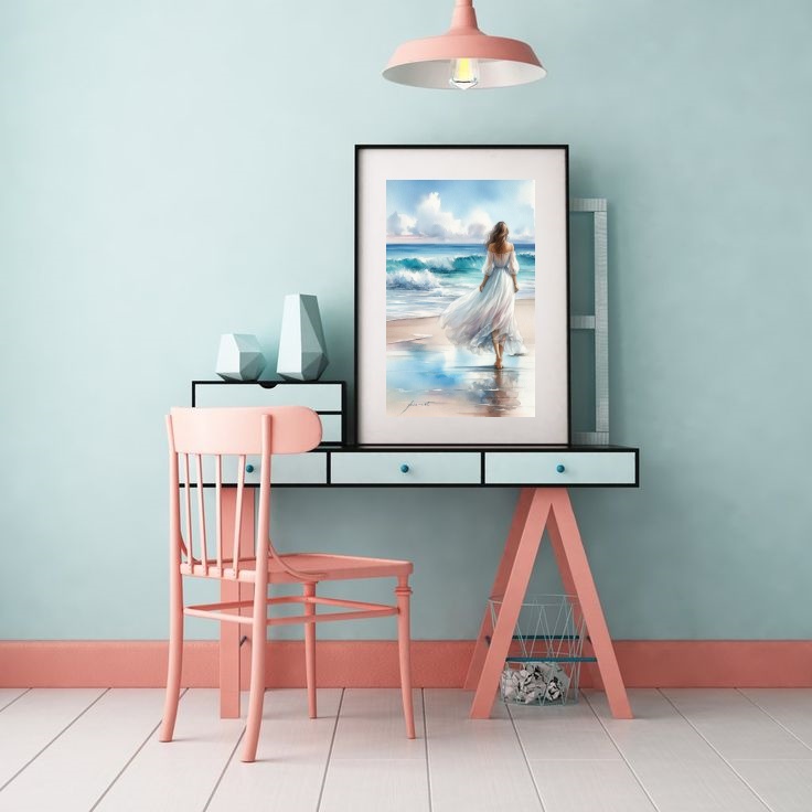 Quadro Mulher Caminhando Praia - 60x48cm