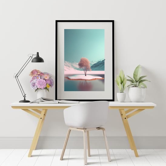 Quadro Paisagem Neve Árvore Rosa - 60x48cm
