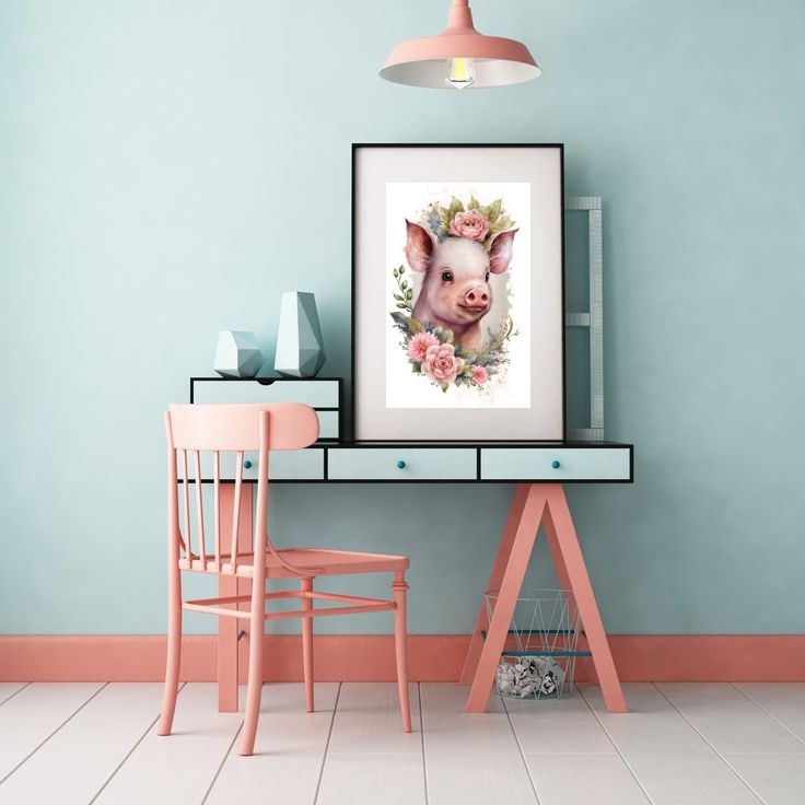 Quadro Porquinho Floral - 60x48cm
