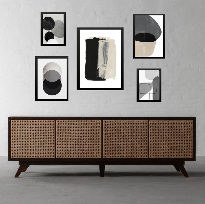 kit 5 Quadros Abstratos Cinza Bege e Preto