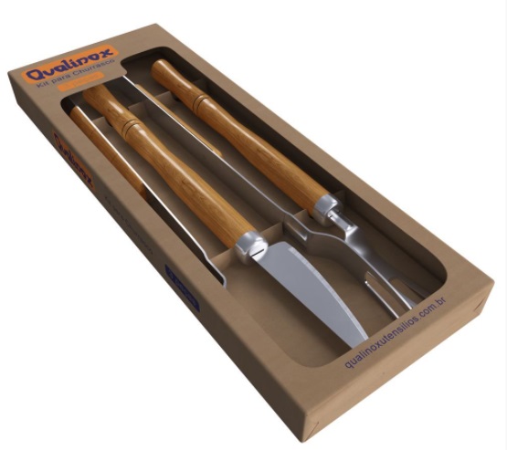 Conjunto Garfo Faca e Pegador  aço inox 430 Qualinox 0559 churrasco carne grelha 