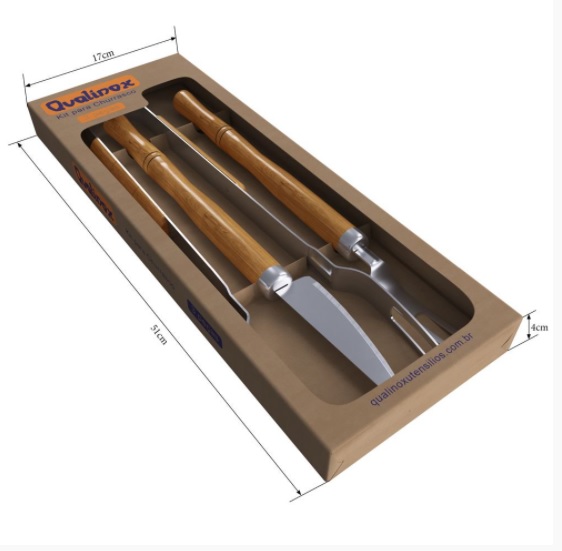 Conjunto Garfo Faca e Pegador  aço inox 430 Qualinox 0559 churrasco carne grelha 