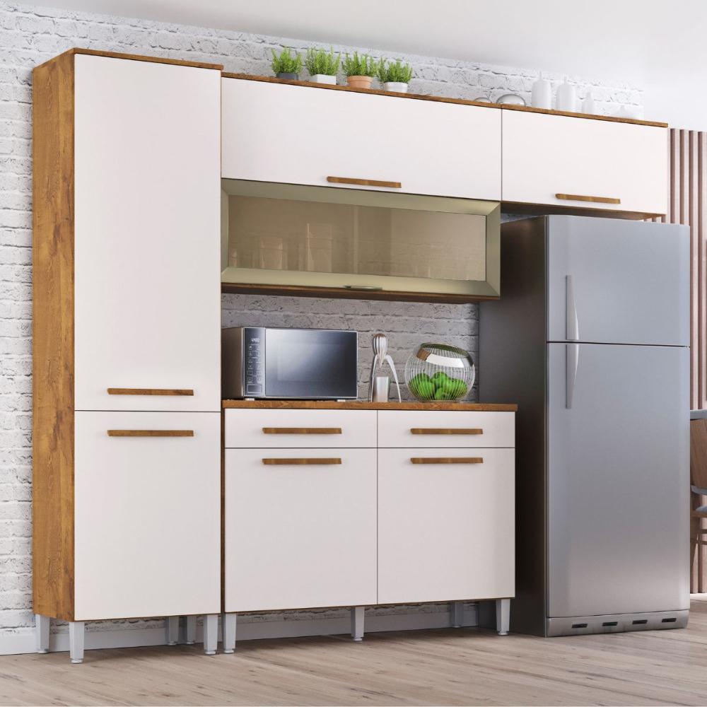 Armário Cozinha Girassol 7 Portas 2gav Pés Reguláveis  Castanho/off White