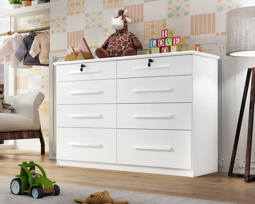 Comoda Infantil Monza 8 Gav  Com Chave  Branco
