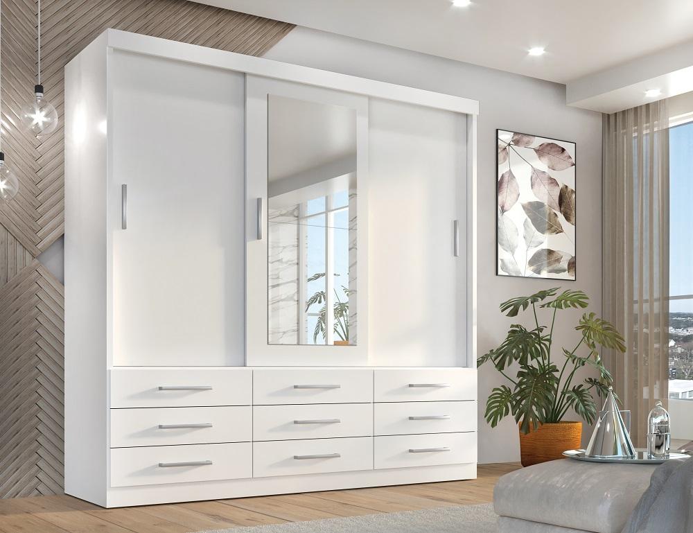 Guarda Roupa Casal Capri 3 Portas Correr 9 Gav C/ Espelho  Branco