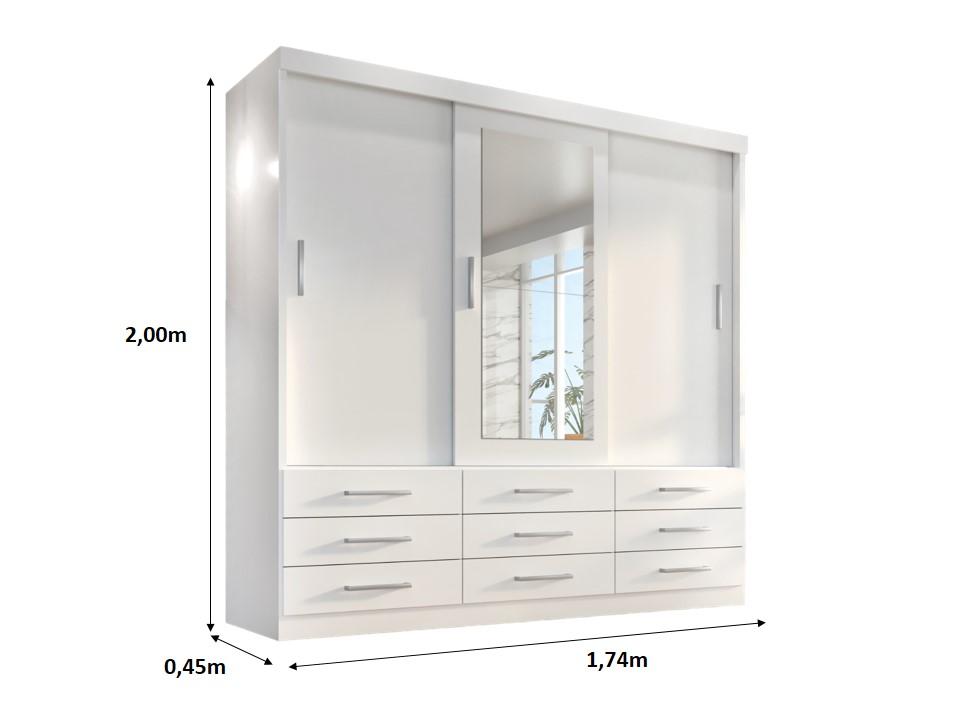 Guarda Roupa Casal Capri 3 Portas Correr 9 Gav C/ Espelho  Branco