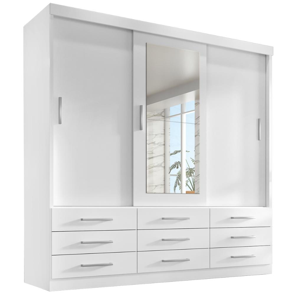 Guarda Roupa Casal Capri 3 Portas Correr 9 Gav C/ Espelho  Branco