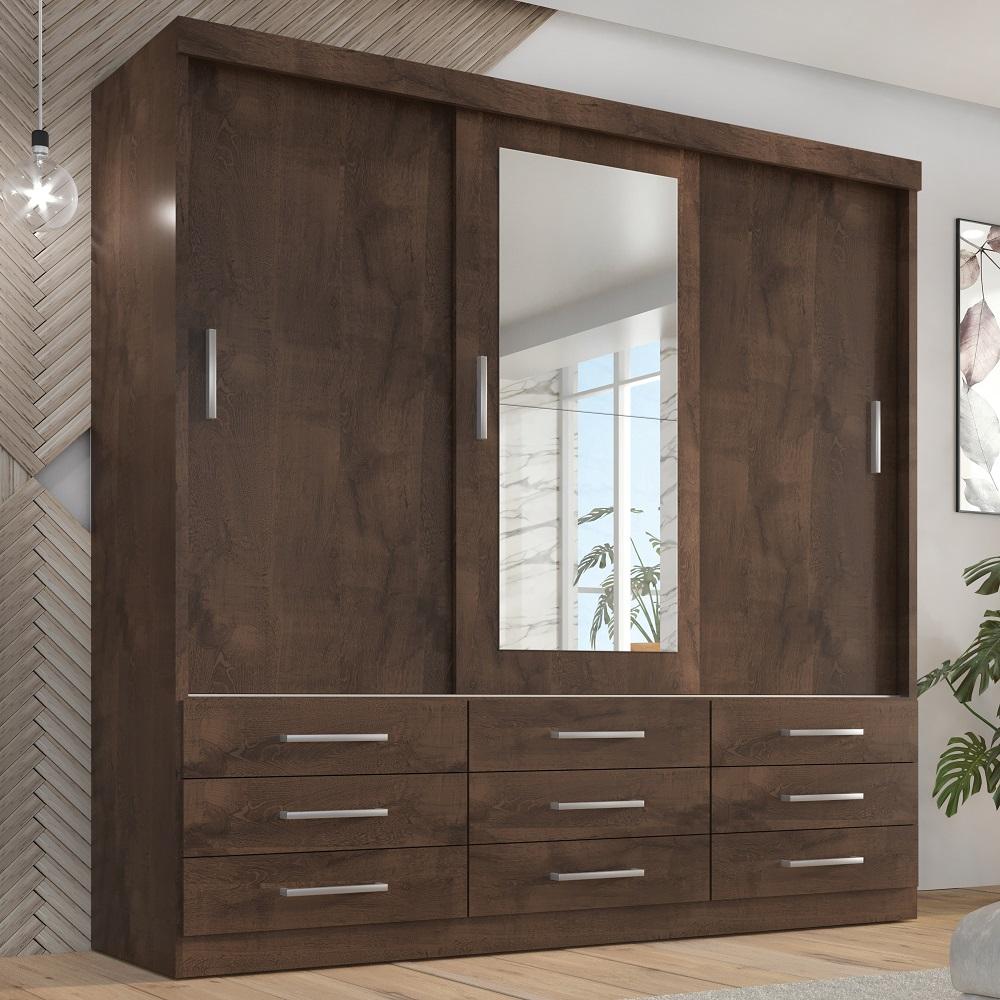 Guarda Roupa Casal Capri 3 Portas Correr 9 Gav C/ Espelho  Chocolate