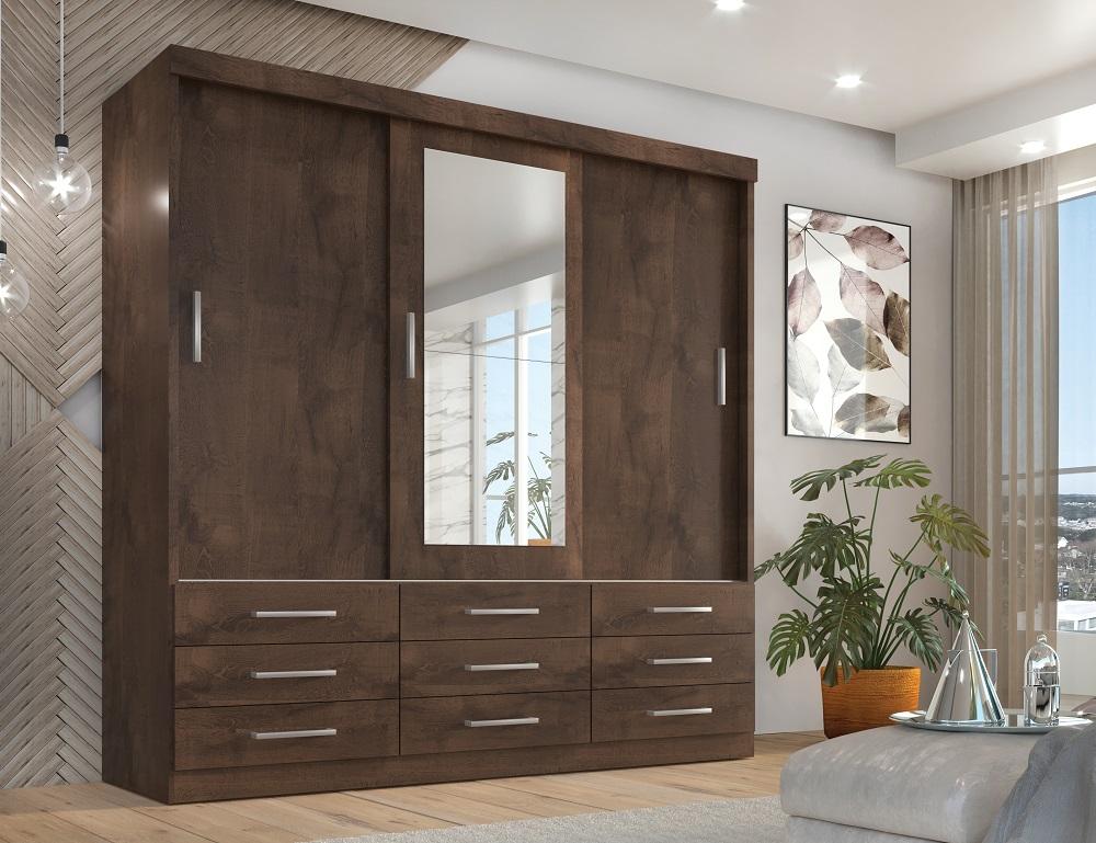 Guarda Roupa Casal Capri 3 Portas Correr 9 Gav C/ Espelho  Chocolate