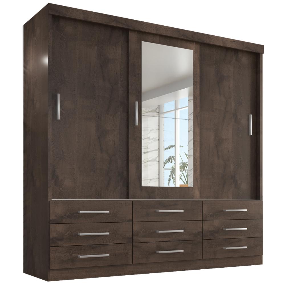 Guarda Roupa Casal Capri 3 Portas Correr 9 Gav C/ Espelho  Chocolate
