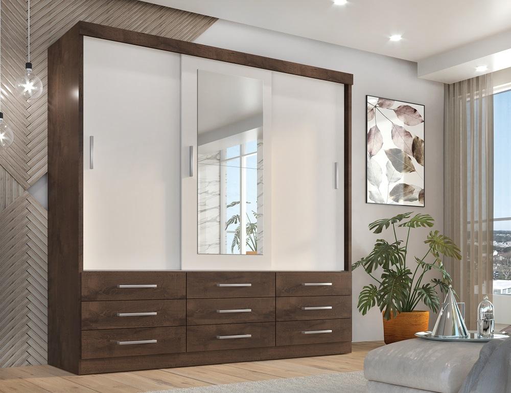 Guarda Roupa Casal Capri 3 Portas Correr 9 Gav C/ Espelho  Chocolate/off White