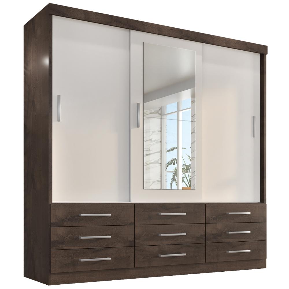 Guarda Roupa Casal Capri 3 Portas Correr 9 Gav C/ Espelho  Chocolate/off White
