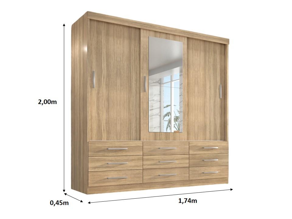Guarda Roupa Casal Capri 3 Portas Correr 9 Gav C/ Espelho  Teka Madrid