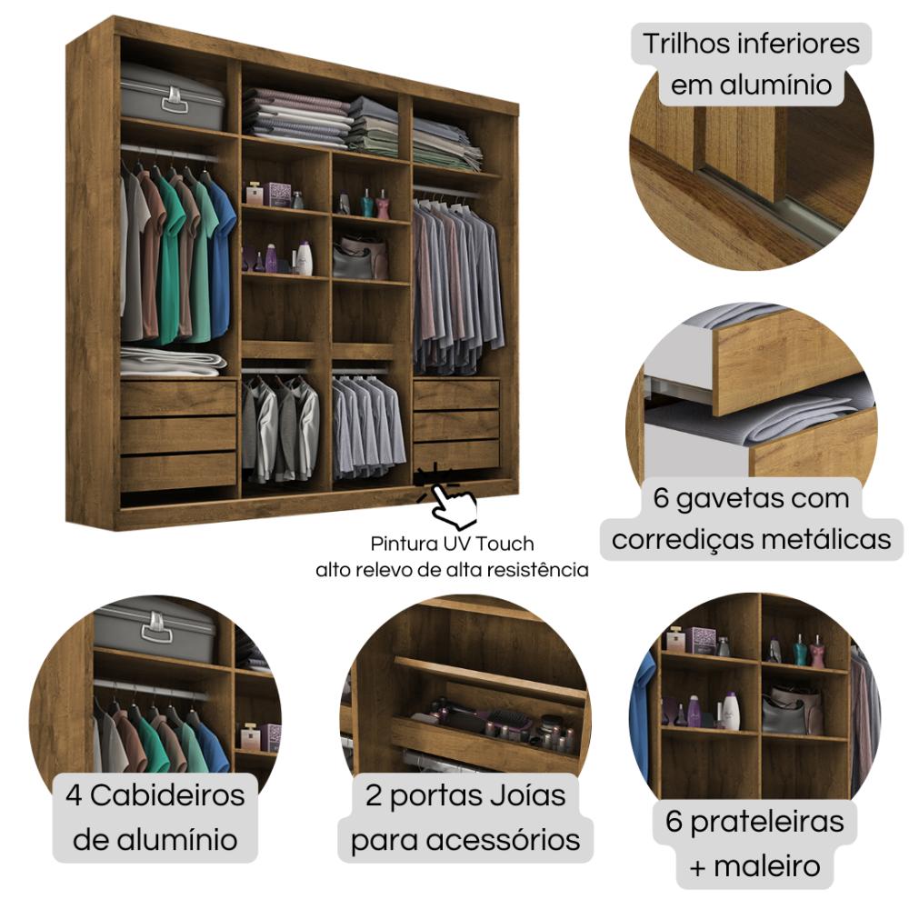 Guarda Roupa Casal Sevilha 3 Portas  Correr 6 Gav.  Castanho/onix