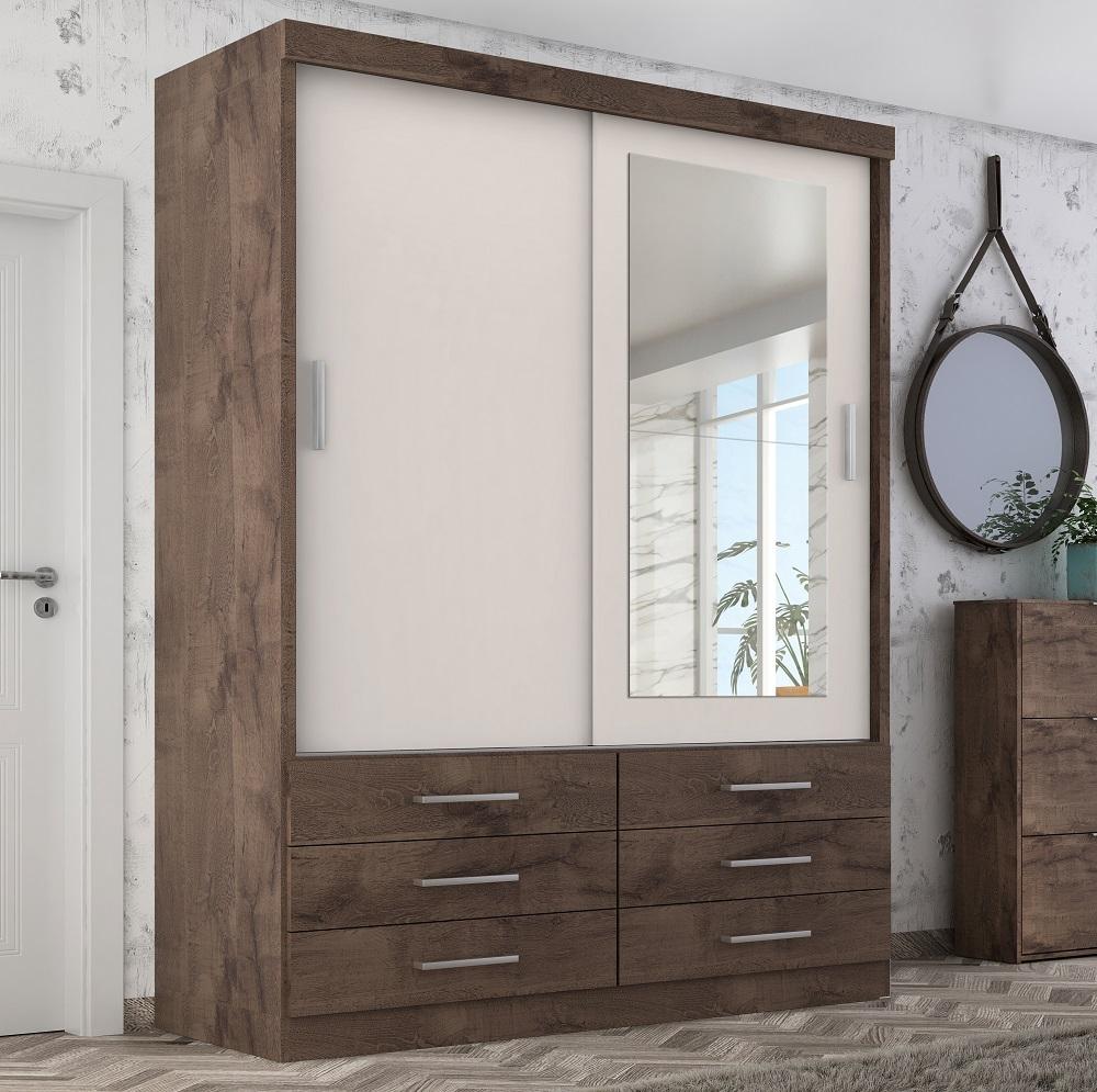 Guarda Roupa Solteiro Capri 2 Portas 6 Gav C/ Espelho  Chocolate/off White