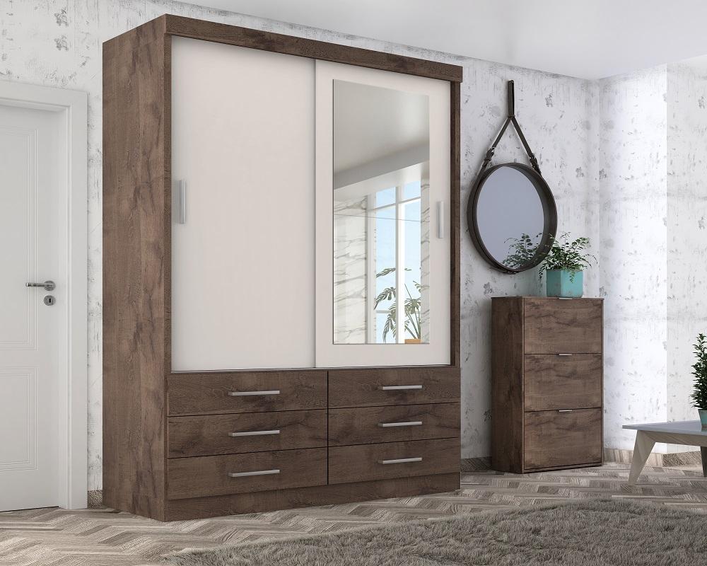 Guarda Roupa Solteiro Capri 2 Portas 6 Gav C/ Espelho  Chocolate/off White