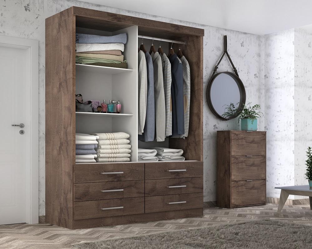 Guarda Roupa Solteiro Capri 2 Portas 6 Gav C/ Espelho  Chocolate/off White