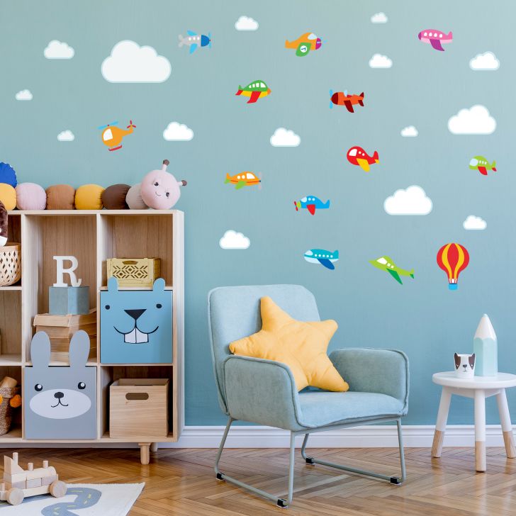 Adesivo de Parede para Quarto de Beb u00ea Aviões e Nuvens Aparador Livro Xadrez ~ Adesivo de Parede para Quarto de Beb u00ea Aviões e Nuvens