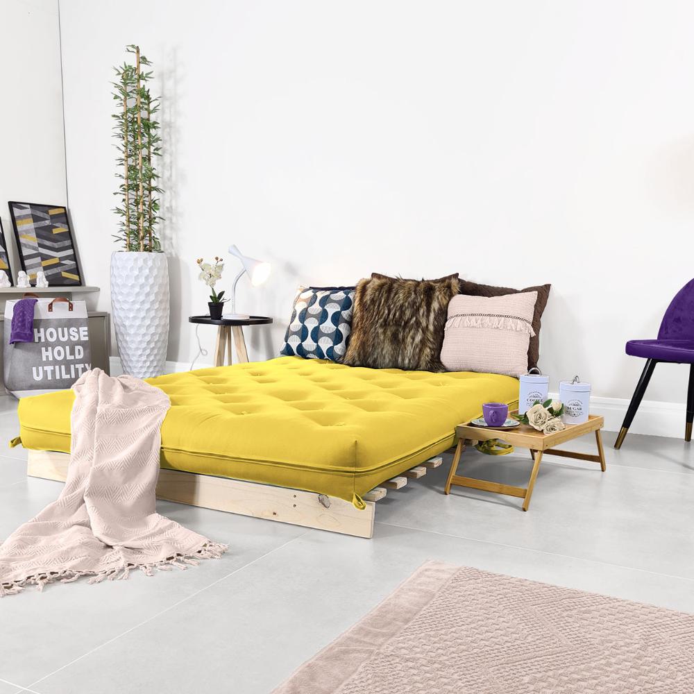 Futon Casal Tokio Sofa Cama Amarelo Acquablock Com Madeira Maciça