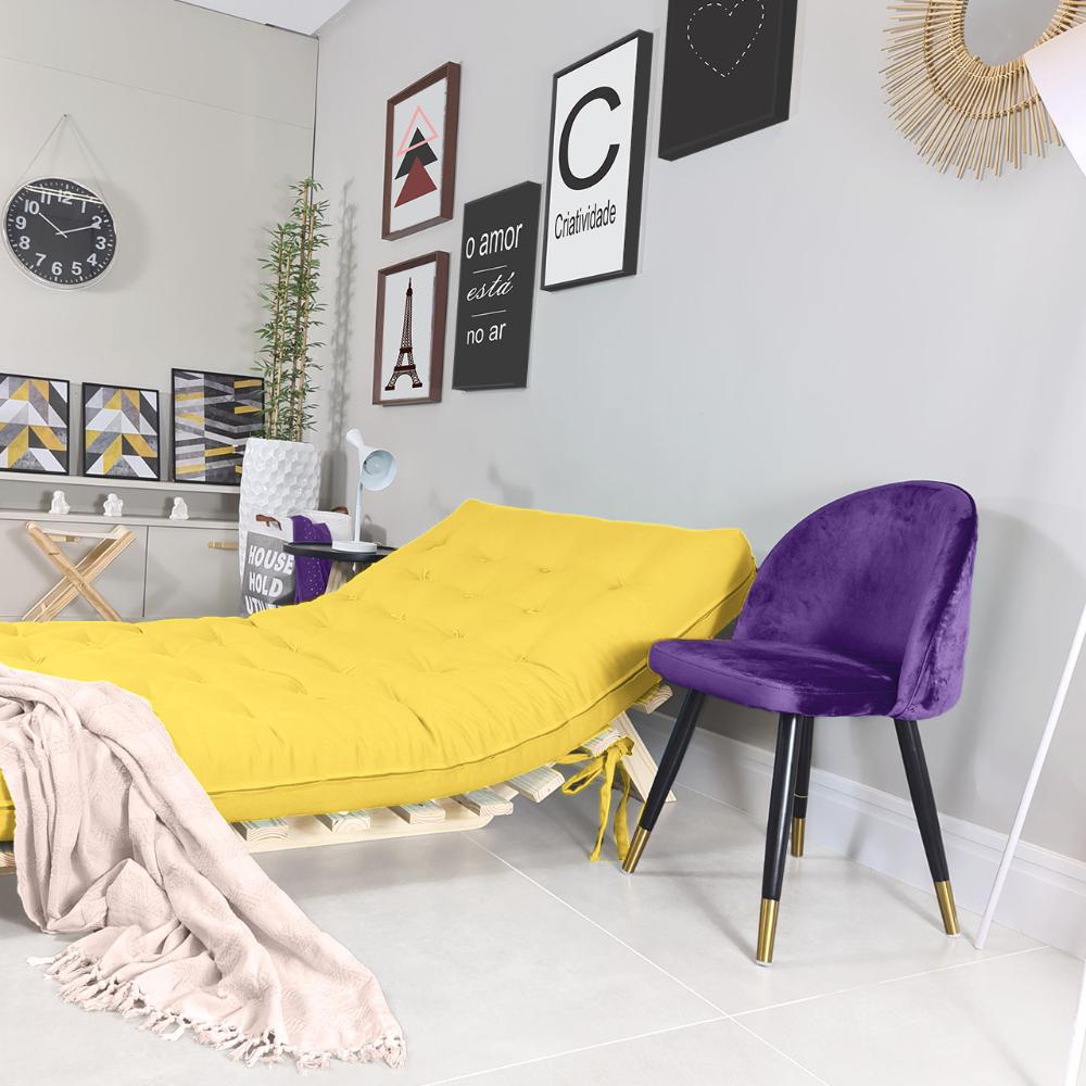 Futon Casal Tokio Sofa Cama Amarelo Acquablock Com Madeira Maciça