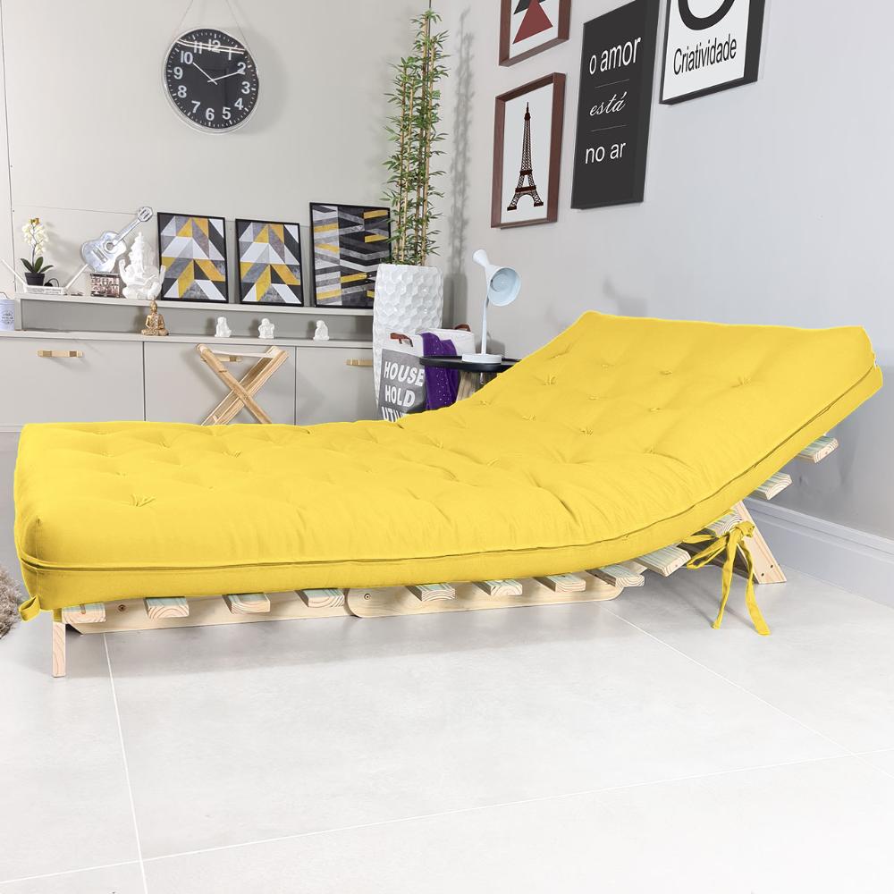 Futon Casal Tokio Sofa Cama Amarelo Acquablock Com Madeira Maciça