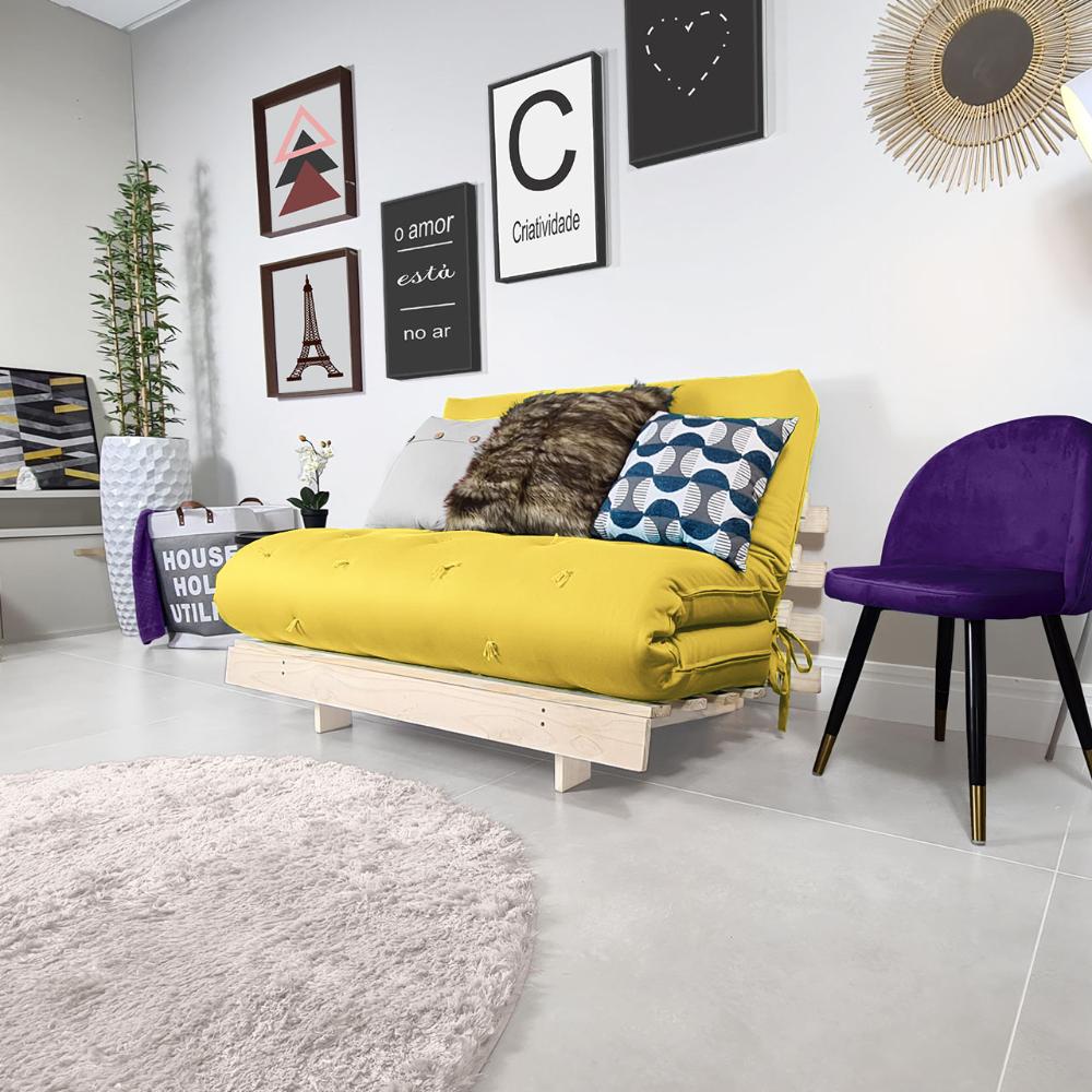 Futon Casal Tokio Sofa Cama Amarelo Acquablock Com Madeira Maciça