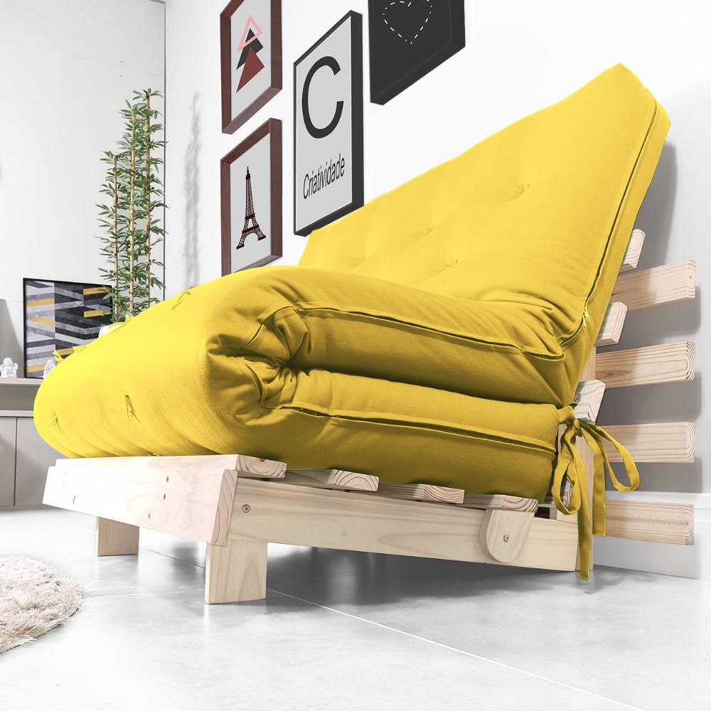 Futon Casal Tokio Sofa Cama Amarelo Acquablock Com Madeira Maciça