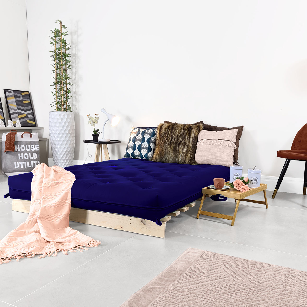 Futon Casal Tokio Sofa Cama Azul Royal Acquablock Com Madeira Maciça