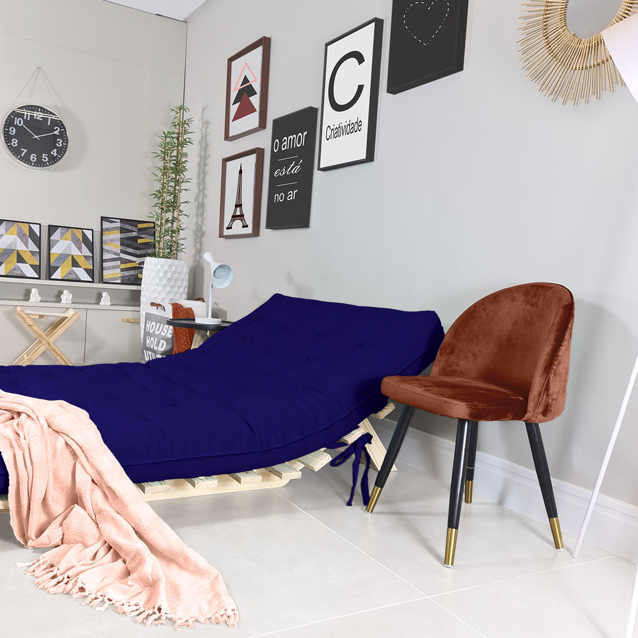 Futon Casal Tokio Sofa Cama Azul Royal Acquablock Com Madeira Maciça