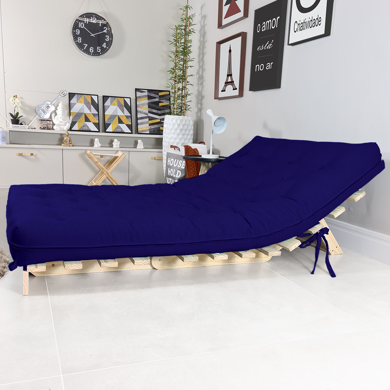 Futon Casal Tokio Sofa Cama Azul Royal Acquablock Com Madeira Maciça