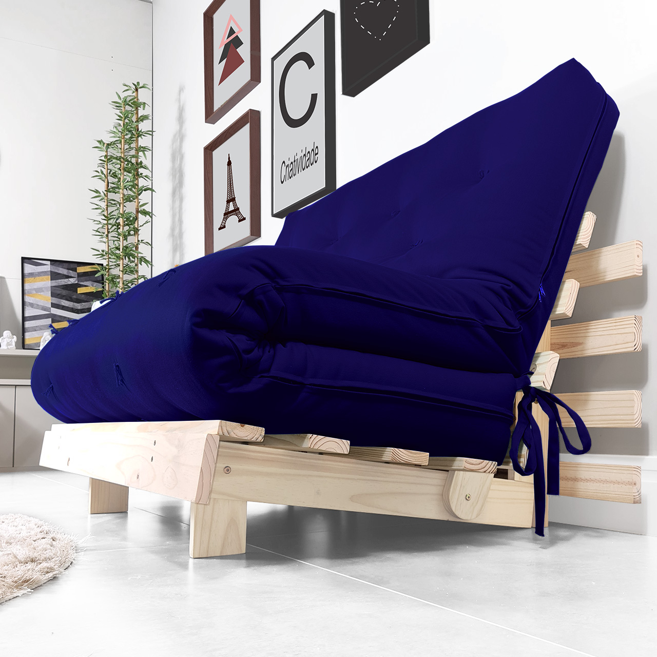 Futon Casal Tokio Sofa Cama Azul Royal Acquablock Com Madeira Maciça