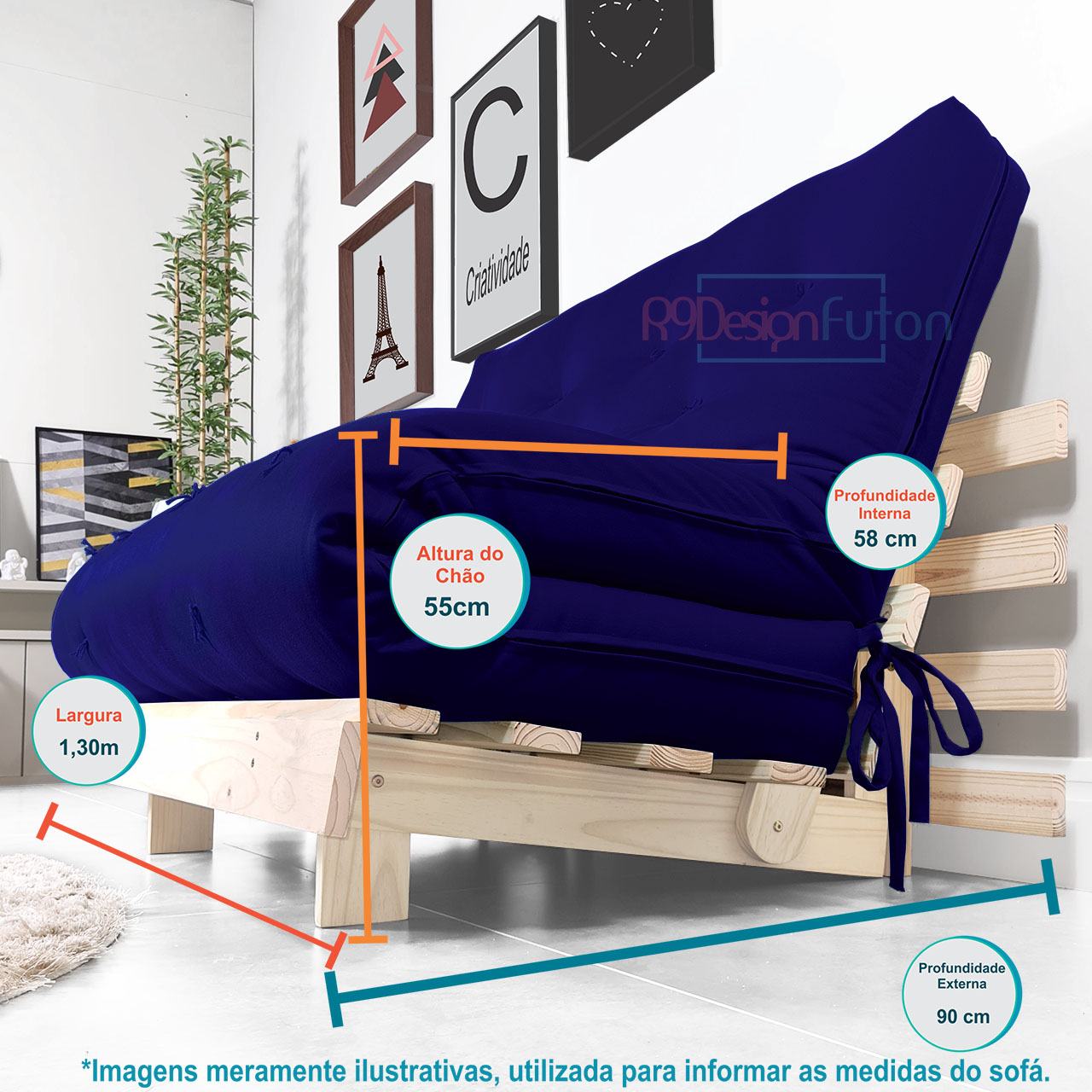 Futon Casal Tokio Sofa Cama Azul Royal Acquablock Com Madeira Maciça